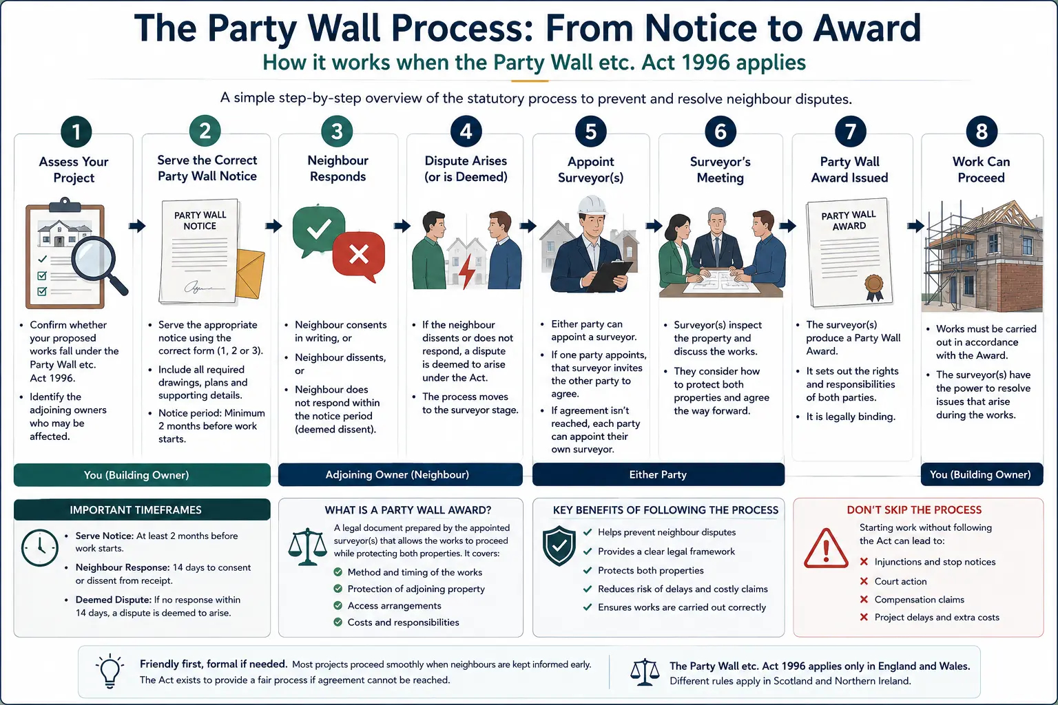 Do I Need a Party Wall Agreement? An infographic showing the party wall process from notice to award in a very interactive way for the citizens living in Waltham Abbey, UK