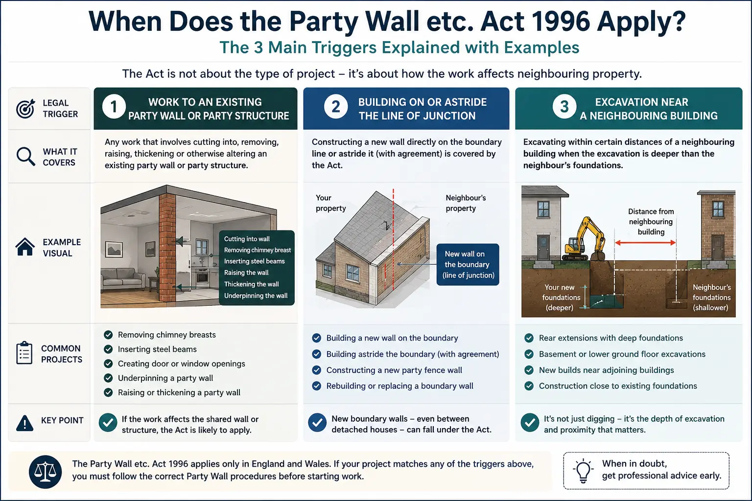 Do I Need a Party Wall Agreement? An infographic showing when does the party wall etc act 1996 apply like excavation, junction, painting, in Waltham Abbey, UK